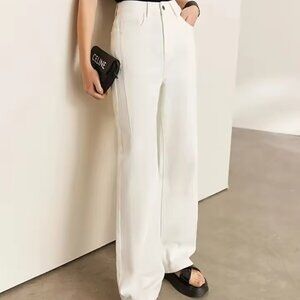 NEW Amii Minimalism Women 2024 Spring Vintage Wide Leg Denim Jeans Beige Medium